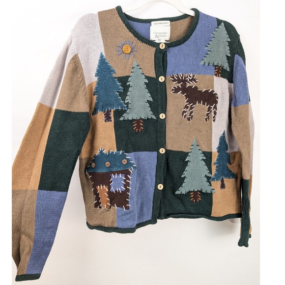 Christopher & Banks Sweaters - Vintage 90s Patchwork Moose Sweater Sz M Hand Embroidered Cabin Outdoor Cottage